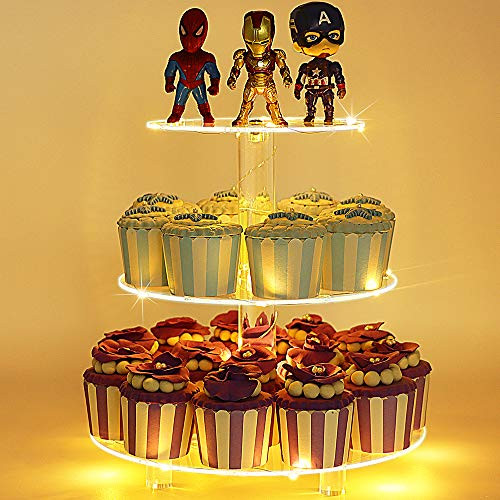 GetWant Cupcake Stand 3 Tier Round Acrylic Cupcake Display Pastry Tower Stand with LED String Lights Dessert Tree Tower for Wedding Birthday Party