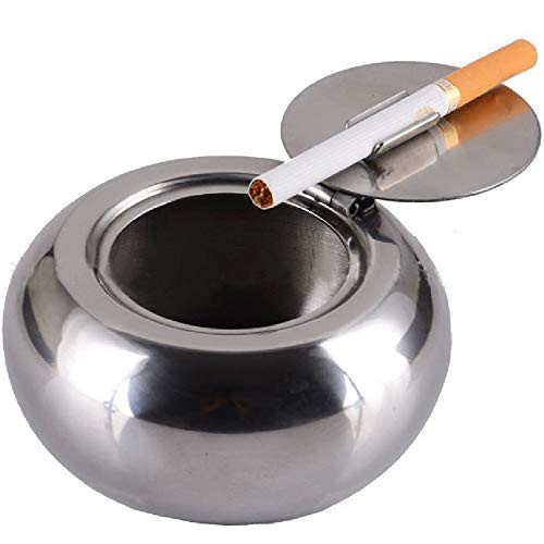 Ashtray with Lid, Stainless Steel Modern Tabletop Ashtray Windproof, Unbreakable Cigarette Ashtray Indoor Outdoor Use, Desktop Smoking Ash Tray Home Office Decoration, Ash Holder Smoker, Silver Large