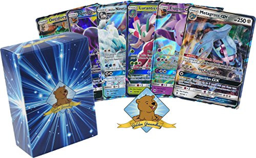 5 Assorted GX Ultra Rare Cards (200 HP or Higher) - Guaranteed Authentic with No Duplication - These GXs Pack A Punch! - Includes Golden Groundhog Deck Storage Box!