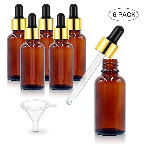 Seafulee Amber Glass Bottles for Essential Oils with Glass Eye Dropper 30 ml (1oz) for Essential Oils, Chemistry Lab Chemicals, Colognes & Perfumes- Pack of 6