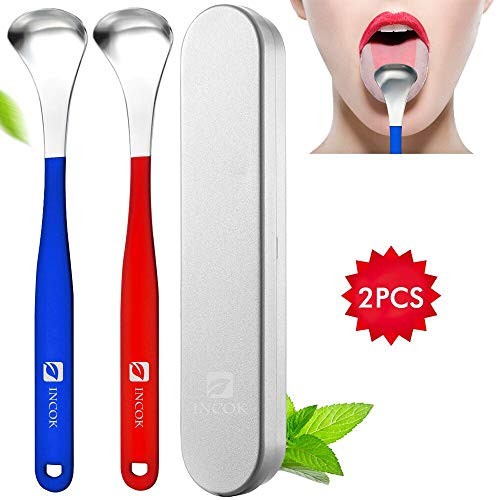 Stainless Steel Tongue Scraper Cleaner - Fresh Breath Tongue Scrapers Medical Grade Metal Tongue Scraping Cleaner 3 Convenient Cleaning Tables for Oral Care (2 Packs Blue&Red)