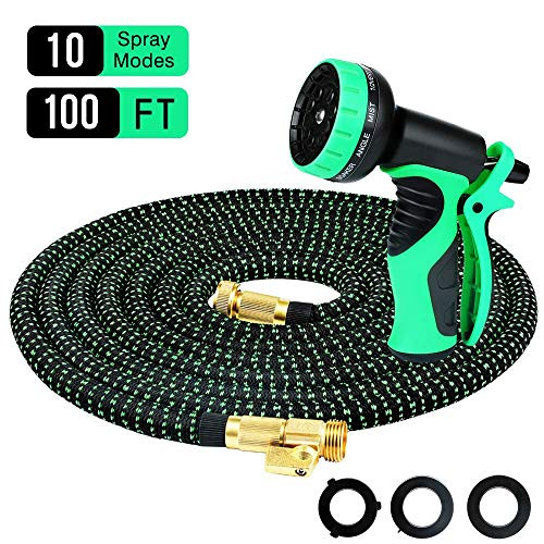 Powsure 100ft Garden Hose-Flexible and Expandable Water Hose,Double Latex Core, 3/4 Solid Brass Fittings, Extra Strength Fabric, No-Kink Expanding Hose with Metal 10 Function Spray Nozzle (Renewed)
