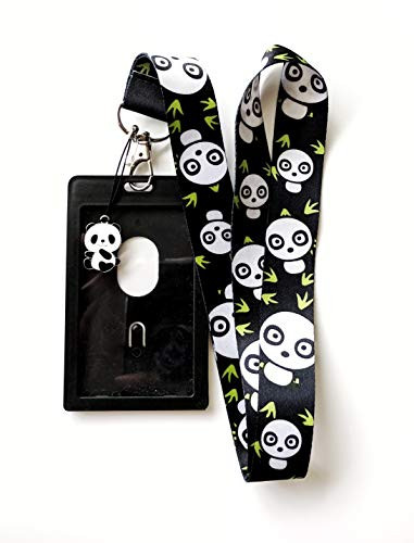 Panda Bear Print Lanyard w/ID Badge Holder and Charm (Black)