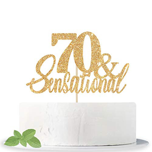 Mixed Gold Glitter 70 & Sensational Cake Topper, Hello 70, Cheers to 70 Years, 70 & Fabulous, Happy 70th Birthday/Anniversary Party Decoration Supplies