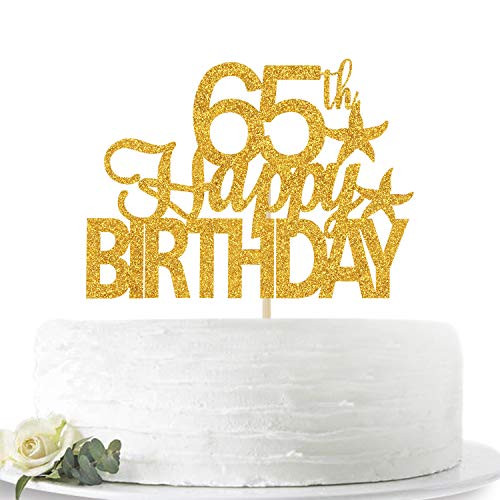 Glitter Gold Happy 65th Birthday Cake Topper, Hello 65, Sixty-five Years Old Party Sign Decorations