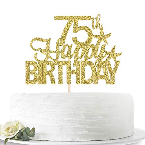 Glitter Gold Happy 75th Birthday Cake Topper, Hello 75, Seventy-five Years Old Party Sign Decorations