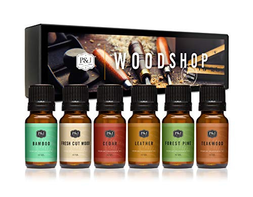 Woodshop Set of 6 Premium Grade Fragrance Oils - Forest Pine, Fresh Cut Wood, Leather, Teakwood, Bamboo, Cedar