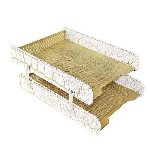 Gold Mesh Desk Organizer Letter Tray for Desk, A4 File Document Paper Holder Folder Metal N Wood Storage Box Case Filing Office Desktop Accessories Organization, Stackable 2 Tier(Crack Texture)