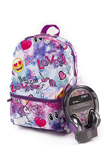 Emoji Unicorn Backpack for Girls with Headphones  Large, 16 inch Girls' School Backpack Set