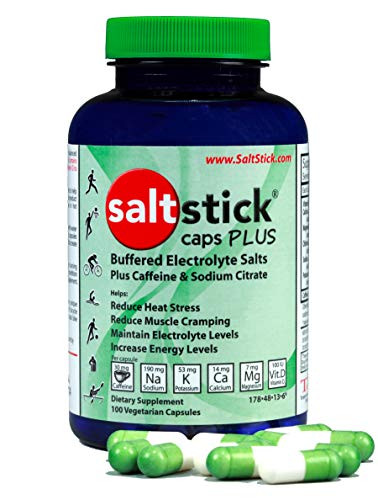 SaltStick Caps Plus Electrolyte Replacement Capsules with Caffeine and Sodium Citrate 100 Count Bottle, White