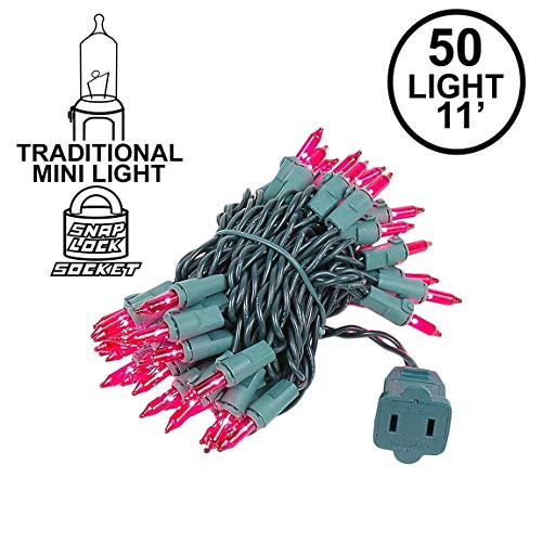 Novelty Lights 50 Light Pink Christmas Mini String Light Set, Green Wire, Indoor/Outdoor UL Listed, 11' Long