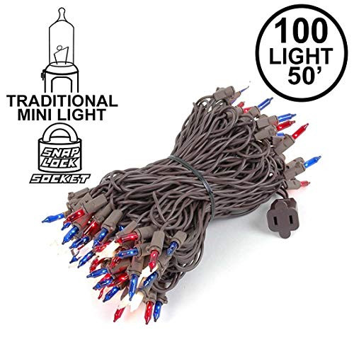 Novelty Lights 100 Light Red/White/Blue Christmas Mini String Light Set, Brown Wire, Indoor/Outdoor UL Listed, 50' Long