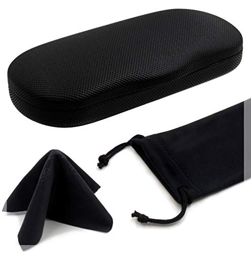 Men Hard Eyeglass Cases with Microfiber Cleaning Cloth Black Eyeglass case for men eyeglass case hard Small to Medium Frames Hard Glasses case for men Hard Clam Shell Case (AS196 Rough Black)