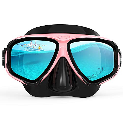 COPOZZ Youth Scuba Mask, No Fogging Snorkeling Scuba Dive Glasses, Great Seal Free Diving Tempered Glass Mask Goggles (Pink)