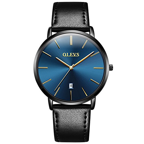 OLEVS Men's Ultra Thin Slim Big Face Date Leather Analog Wrist Watches Waterproof for Male Teen Boys Gift Classic Casual Minimalist Blue Large Dial Rose Gold Quartz Watch with Retro Genuine Band Black