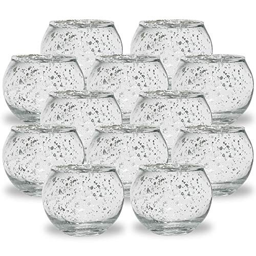 Just Artifacts Round Mercury Glass Votive Candle Holders 2-Inch Speckled Silver (Set of 12) - Mercury Glass Votive Candle Holders for Weddings and Home Décor