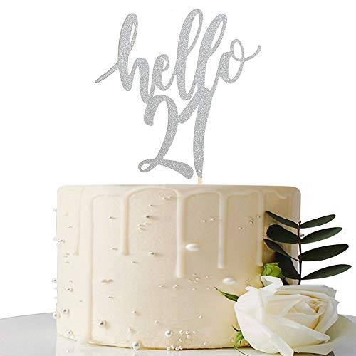Hello 21 Cake Topper - 21th Birthday / 21th Anniversary Party Cake Decoration, 21st Birthday / 21st Anniversary Party Decorations Supplies (Silver, Hello 21)