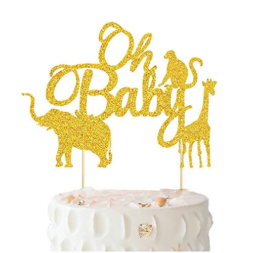 Oh Baby Cake Topper - BUSOHA Gold Glitter Jungle Wild Safari Animal Cake Picks For Baby Showers and Boys Girls Gender Reveal Parties Cake Decorations