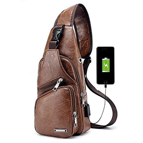 Seoky Rop Leather Sling Bag for Men Travel Shoulder Crossbody Backpack with USB Charging Port Brown