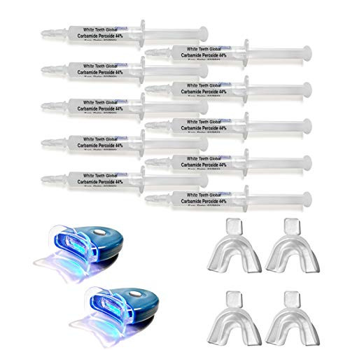 White Teeth Global 44% Carbamide Peroxide 10 Syringes of Teeth Whitening Gel - (2) LED Accelerator Light - (4) Mouth Trays - (2) Shade Guide - (1) Instructions Sheet
