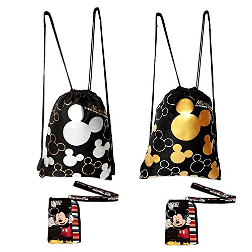 Disney Mickey Mouse Drawstring Backpacks and Black Lanyards 4 Pack