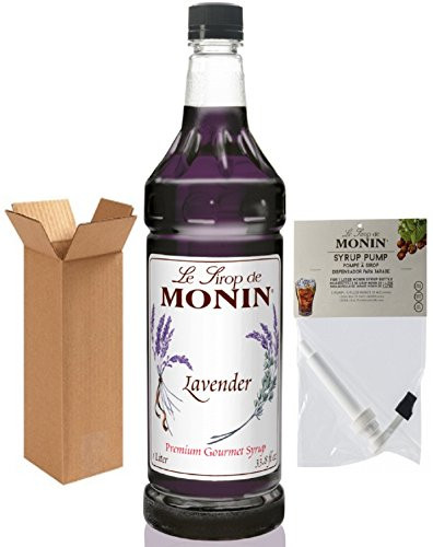 Monin Lavender Syrup, 33.8-Ounce Plastic Bottle (1 Liter) with Monin Pump, Boxed.