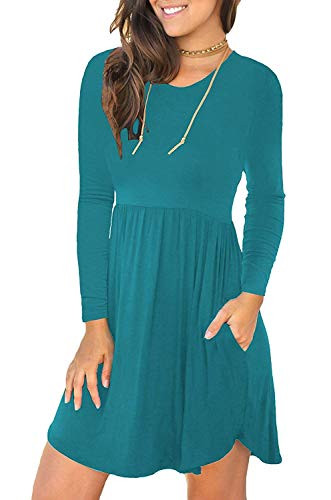 YUNDAI Women's Long Sleeve Casual Loose Plain Dresses Short Dress with Pockets S Acid Blue