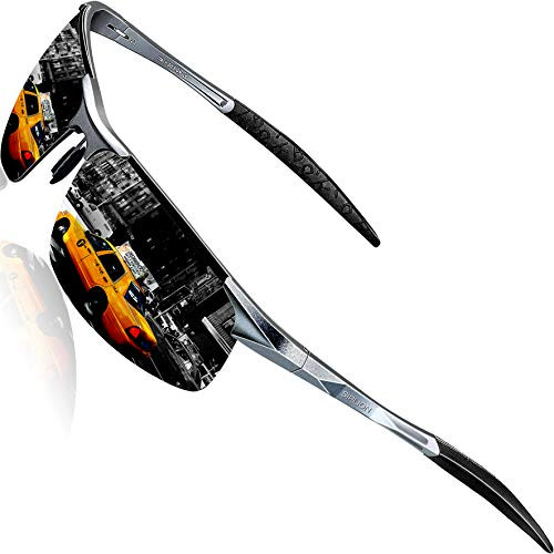 SIPLION Men's Driving Polarized Sport Sunglasses Al-Mg Metal Frame Ultra Light 8177 Gray