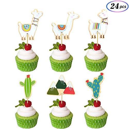 24Pcs Llama and Cactus Cupcake Toppers Alpaca Cupcake Picks Mexican Fiesta Theme Party Supplies, Baby Shower Birthday Party Decor
