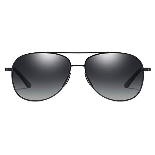 FSK Large Oversize Metal Aviator Sunglasses 62mm, Polarized, 100% UV Protection with Protective Case (Black Frame/Grey Gradient Lens)