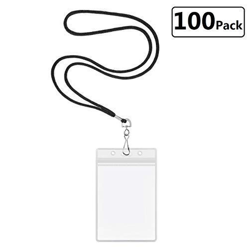 Lanyards with ID Holder Plastic Vertical Name Badge Holders Waterproof by LONOVE (Satin Black, 100 Pack)