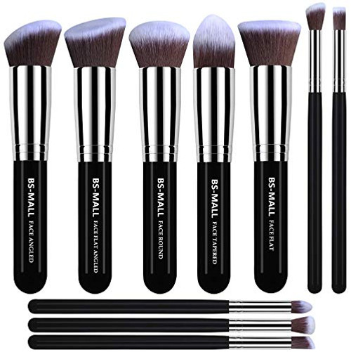 BS-MALL(TM) Makeup Brushes Premium Makeup Brush Set Synthetic Kabuki Makeup Brush Set Cosmetics Foundation Blending Blush Eyeliner Face Powder Lip Brush Makeup Brush Kit(10pcs, Silver Black)
