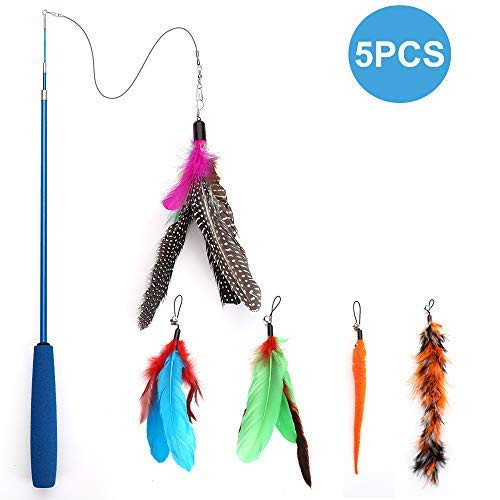 Becory Feather Teaser Cat Toy, Retractable Cat Feather Toy Wand with 5 Assorted Teaser with Bell Refills, Interactive Catcher Teaser for Kitten Or Cat Having Fun Exerciser Playing