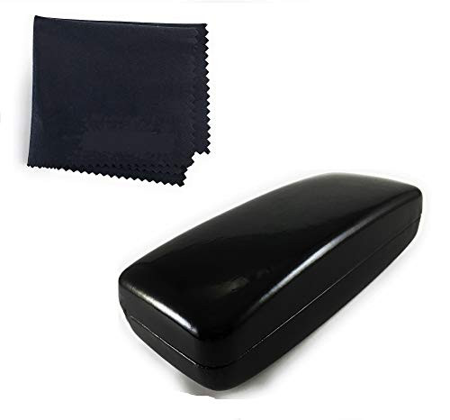 Large Hard Shell Glasses Case for Eyeglasses Spectacles & Sunglasses with Microfiber Cleaning Cloth (Black)