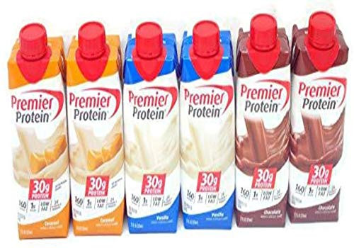 Premier Protein Shakes 6 (11 Oz.) Chocolate, Vanilla & Caramel - Small Storage Space Friendly!