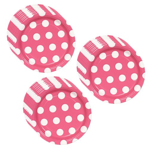 1 X Hot Pink Polka Dot Party Dessert Plates - 24 Guests by Unique