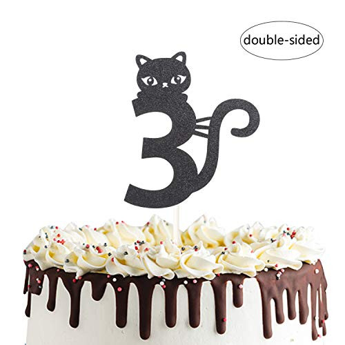 Three Year Old Kitty Cat Cake Topper for Happy Third Birthday,Baby Shower 3rd Wedding Anniversary Party Decorations