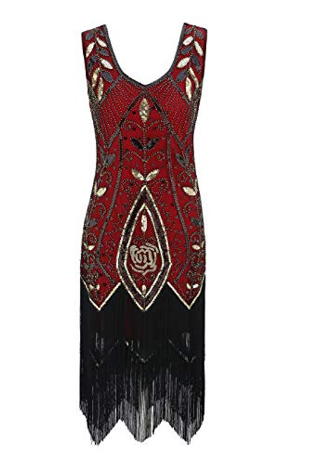 Metme Women's 1920s Vintage Flapper Fringe Beaded Great Gatsby Party Dress Red Gold