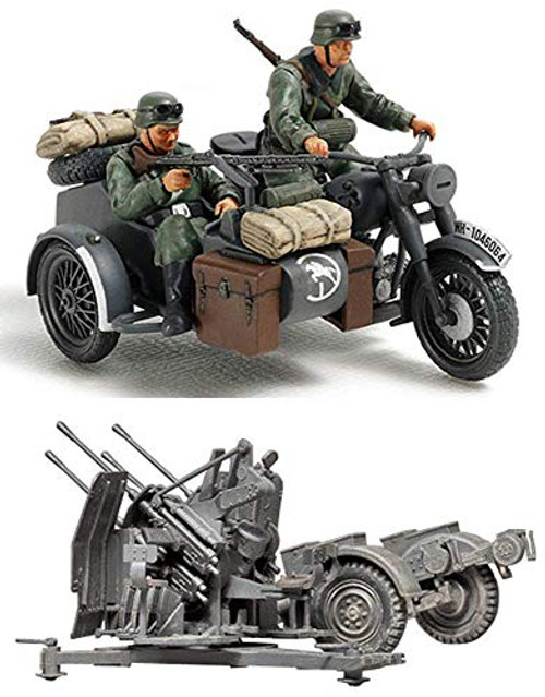 2 Sets of Tamiya Military Assembly Models - German Weapons - Motorcycle and Sidecar and 20 mm Quad Flak (Flakvierling) (Japan Import)