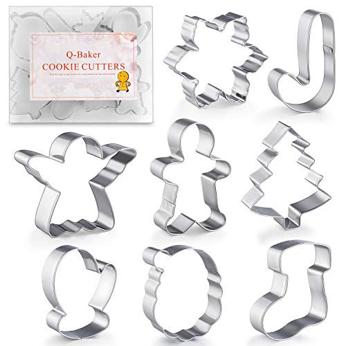 Q-Baker Cookie Cutters 8Pcs Winter Christmas Cookie Cutter Set with Decorating Instructions Stainless Steel with Gingerbread Men,Christmas Tree,Snowflake, Candy Cane, Angel, Santa Face,Stocking,Mitten