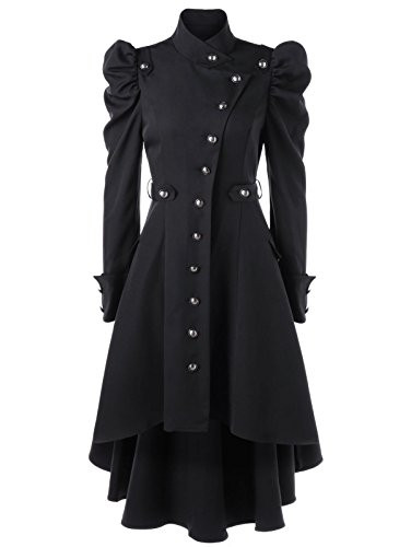 Nihsatin Vintage Steampunk Victorian Swallow Tail Long Trench Coat Jacket Puff Shoulder Single Breasted Black