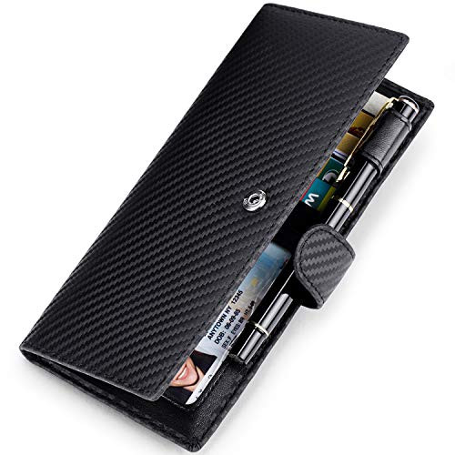 Huztencor Leather Checkbook Cover RFID Blocking Checkbook Wallet Holder Case Slim Bifold Wallet For Men & Women with Credit Card Holder Wallet Pen Holder Snap Closure Zipper Pocket Carbon Fiber Black