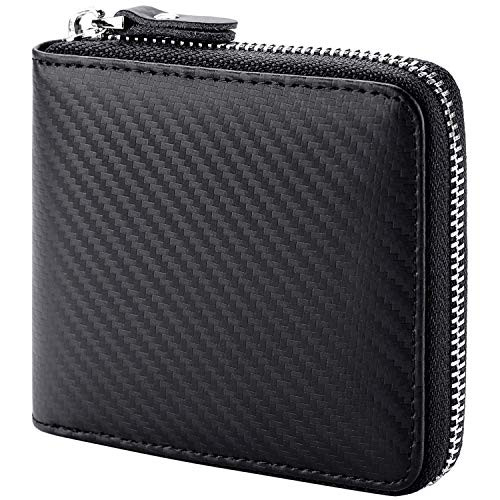 Huztencor Wallet with Zipper for Men RFID Blocking Wallets for Men Leather Zip Around Bifold Multi Card Holder Purse Carbon Fiber Black