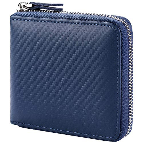 Huztencor Wallets for Men RFID Blocking Zipper Wallet Men with Coin Pocket Leather Zip Around Bifold Card Holder Purse Carbon Fiber Blue