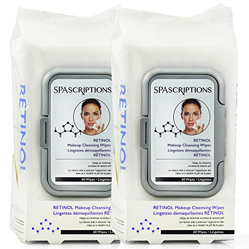 SpaScriptions Retinol Face Wipes - Facial Cleansing Wipes - Makeup Remover Wipes (60 Wipes) (2 Pack (120 Wipes))