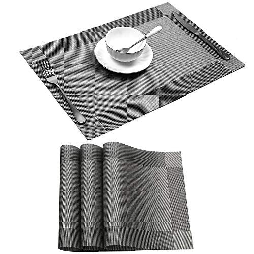 Placemat Sets of 4, Placemats Heat-Resistant Dining Table Place mats Anti-Skid Washable PVC Kitchen Table Mats Tablemats for Dining Table (Silver-Gray)