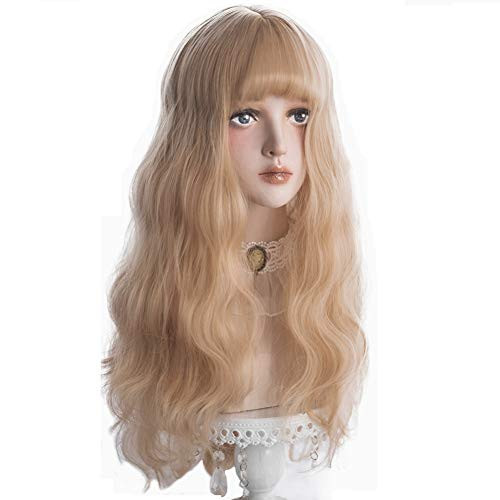 Long Wavy Blonde Wig Bangs - Natural Synthetic Hair Lolita Wigs with Wig Cap For White Women Cosplay and Daily Wear