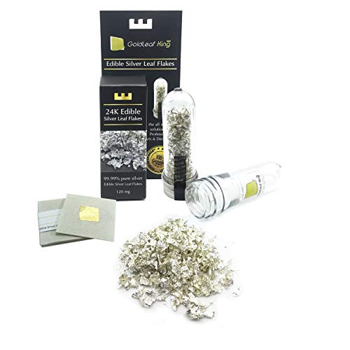 Edible Silver Leaf Flakes Genuine 99.99% Purity - 120mg Bottle | Goldleafking | Multi Purpose Food, Cake, Artworks | Perfect use with edible glitter edible gold leaf | + Free 10 small gold leaf sheets