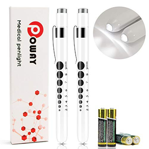 Opoway Nurse Pen Light with Pupil Gauge LED Medical Pen Lights for Nursing Students Doctors with Batteries 2pcs White