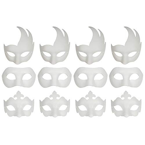 CSPRING 12PCS Cute Paper Face Paintable White Plain DIY Mask for Mardi Gras Cosplay Masquerade Dance Party